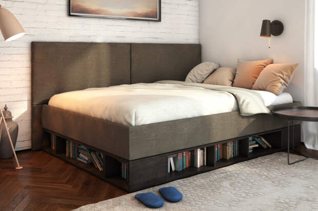 Кровать с нишей, которая отлично приспособлена под функциональную систему хранения книг.