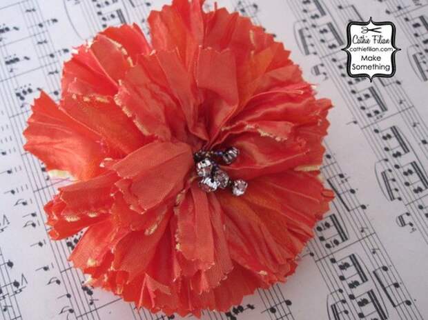Хурма Оранжевый - Побитый ткани и Rhinestone - шелковый цветок, Дамских, Измененные Couture, волос Цветы,
