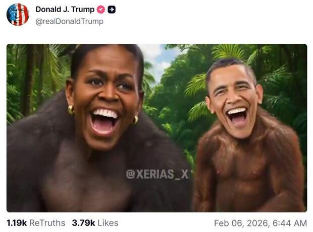 ‼️🇺🇸🐒 Трамп опубликовал видео с Обамами-обезьянами — расистский скандал в США