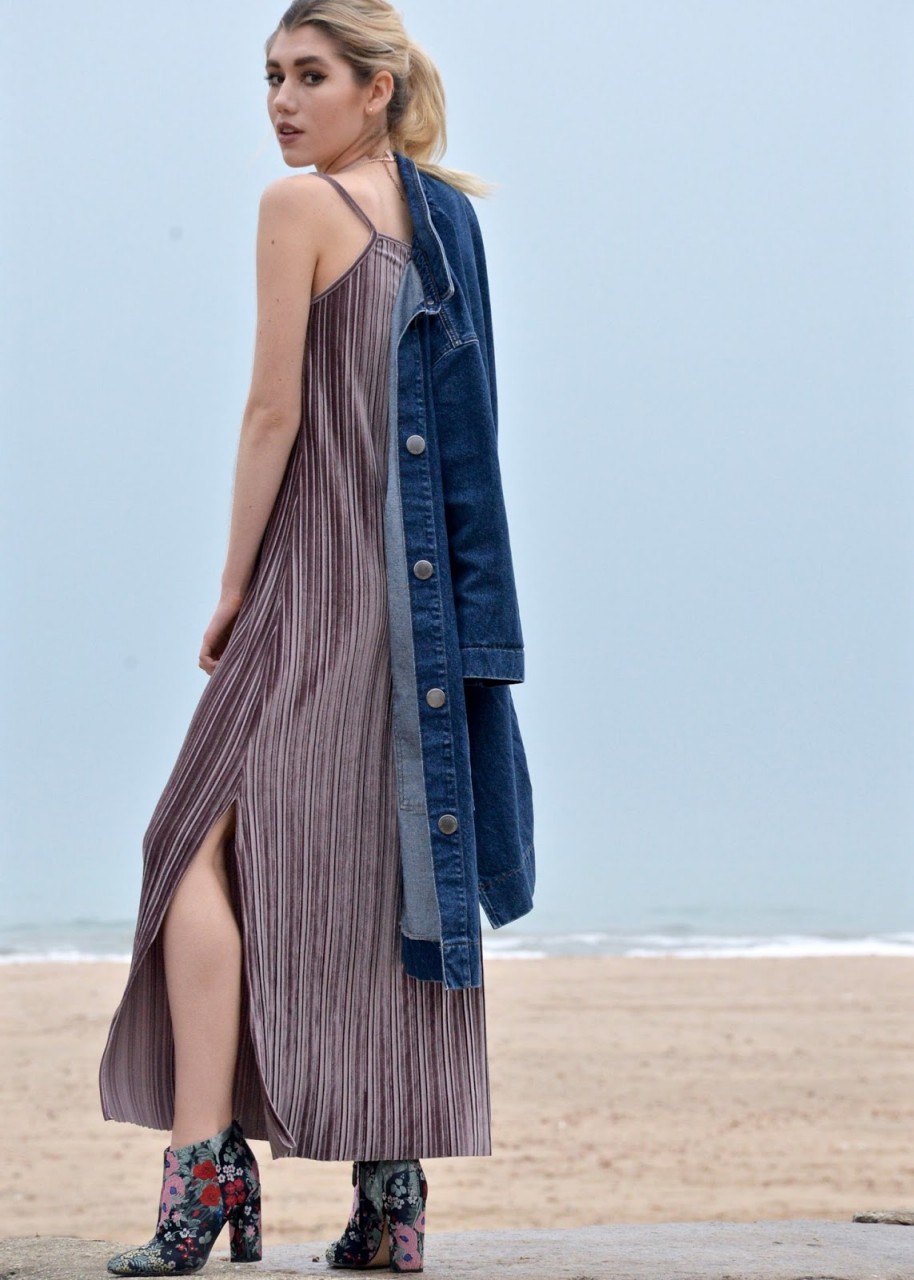 Blogger sharing how to wear a velvet slip dress for day time