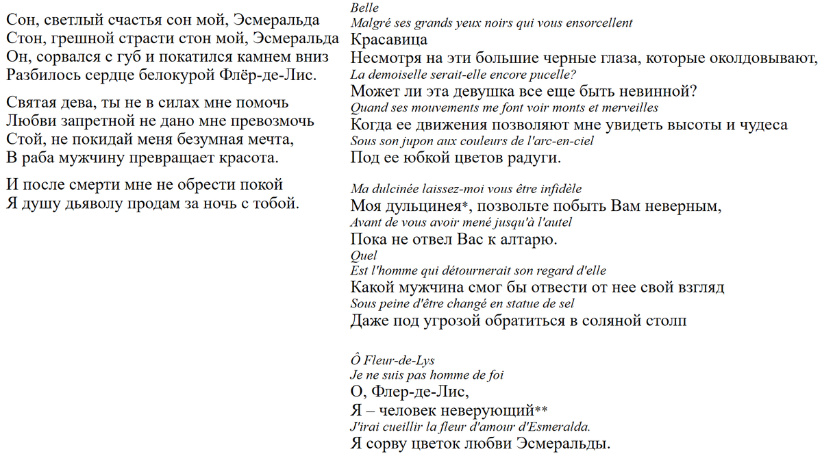 Текст русской вариации слов капитана Феба. Справа - дословный перевод французского текста "Belle". Перевод почти не обработан, чтобы избежать искажения смысла. *дульцинея - шутливое/ироничное обозначение возлюбленной (пошло от Сервантеса, у которого возлюбленная дона Кихота именовалась Дульцинеей Тобосской). **"homme de foi" - "человек верующий" или "человек честный". Соответственно, автор говорит о том, что Феб не боится колдовских чар Эсмеральды, потому что он не верит в козни дьявола, и готов ее соблазнить...либо о том, что Феб уже давший слово невесте, бесчестен, и потому готов соблазнить Эсмеральду. *** Флер-де-Лис - " Цветок лилии" - имя невесты Феба.