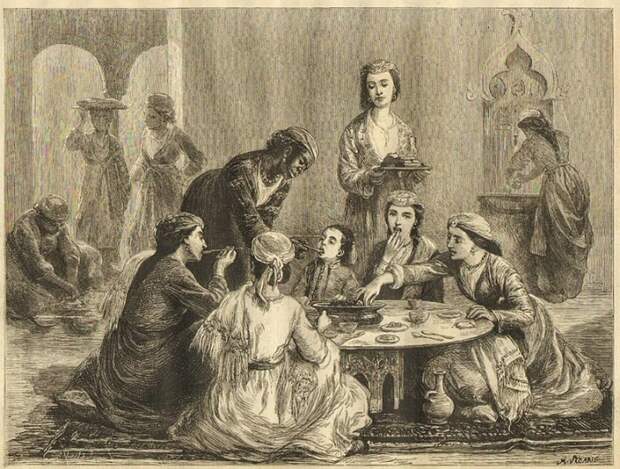 Жизнь османского гарема. Семья бея на обеде. Иллюстрация в журнале The Graphic от 15 июля 1876 года / Фото: bbc.com