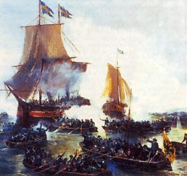 Победа русских кораблей над шведскими парусными кораблями в устье Невы