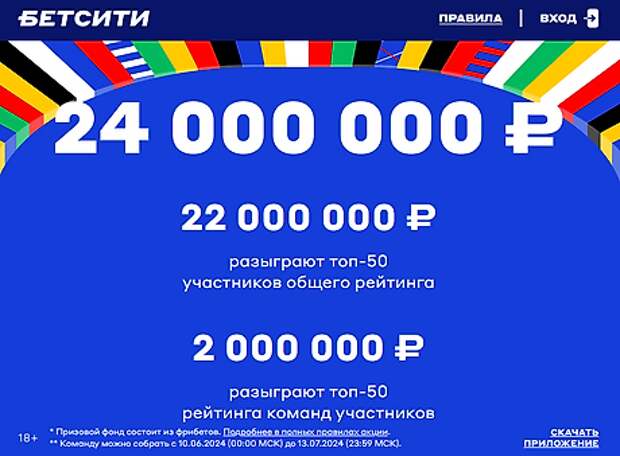 «Твоя команда» от Бетсити: разыгрываем 24 млн рублей фрибетами на ЧЕ-2024