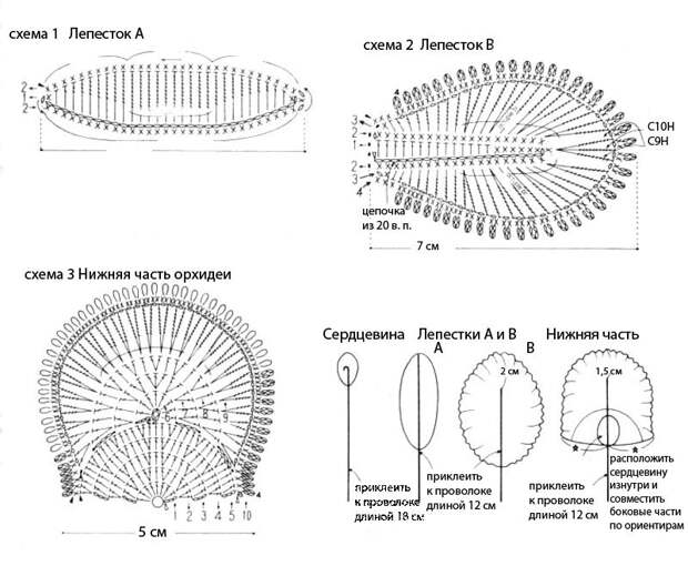 Схема вязания крючком цветка-орхидеи