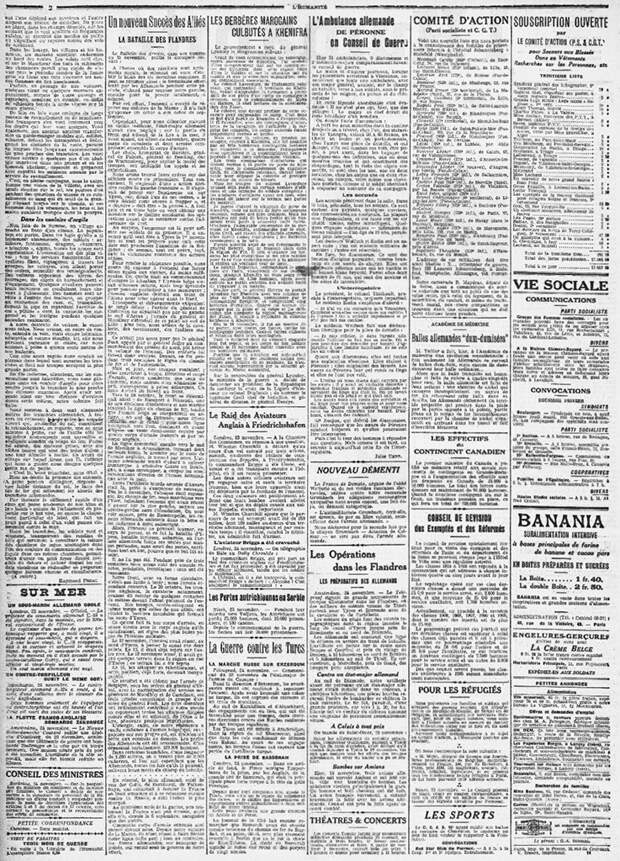 Газета L'Humanite от  25 ноября 1914 года