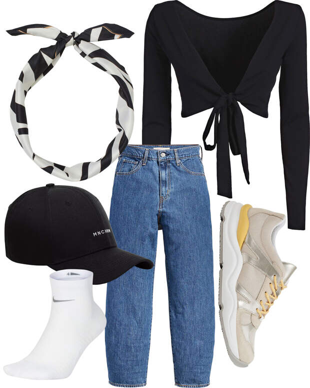 Топ, Guess, 4290 руб.; платок, H&M, 699 руб.; кепка, Monochrome, 4500 руб.; носки, Nike, 1190 руб.; кроссовки, Geox, 11 490 руб.
