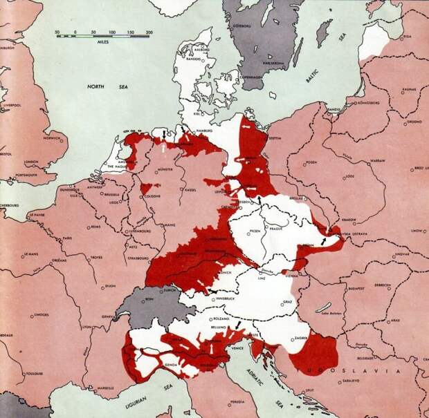 Карта военных действий в Европе на 1 мая 1945 г. Источник: Atlas of the World Battle Fronts ~ War against Germany: 1945-05-01