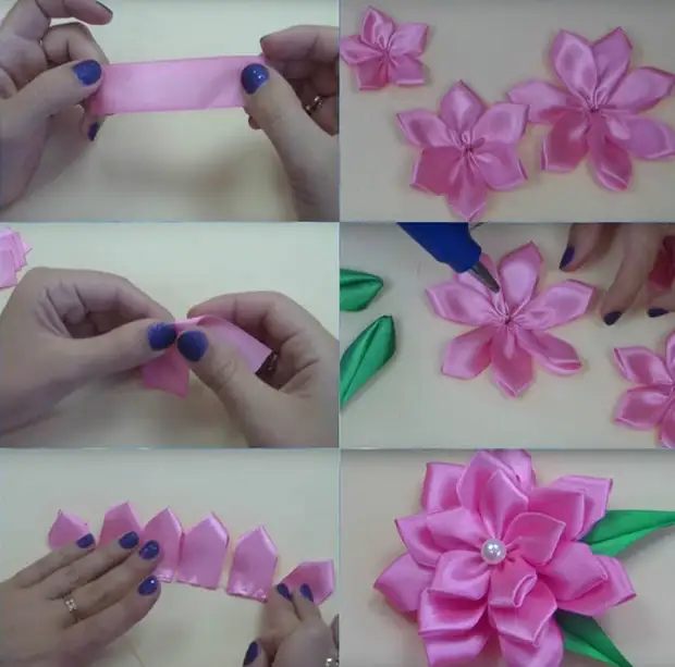 Как сделать небольшие цветы из атласных лент