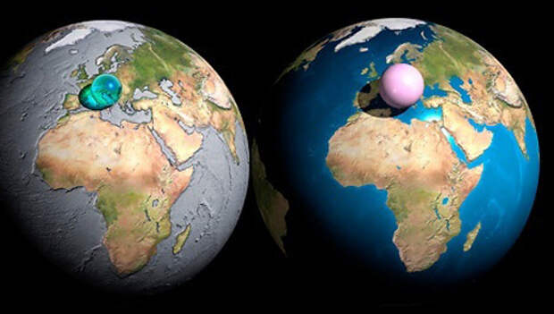 Голубой шарик: вся земная вода - около полутора миллиардов кубических километров - может быть собрана в сферу диаметром 1390 километров.