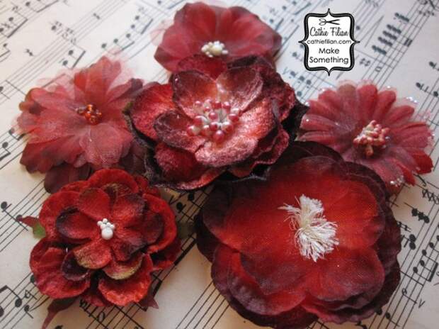 6 Красный цветок бархата и шелка Украшения - изменены цветы - Дамских, Измененные Couture, волос Цветы