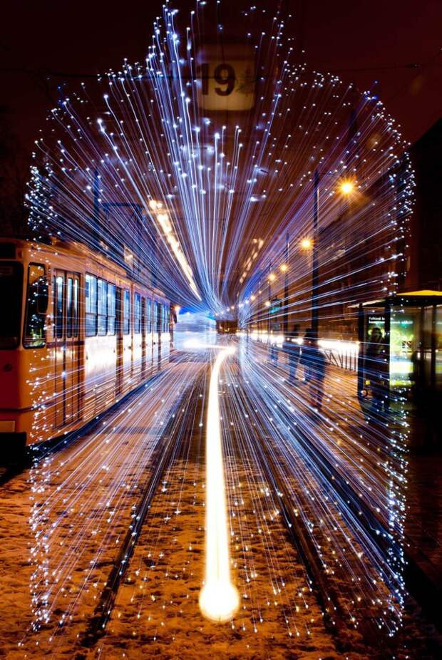 Long Exposure Of A Departing Tram In Budapest Covered With 30,000 Leds