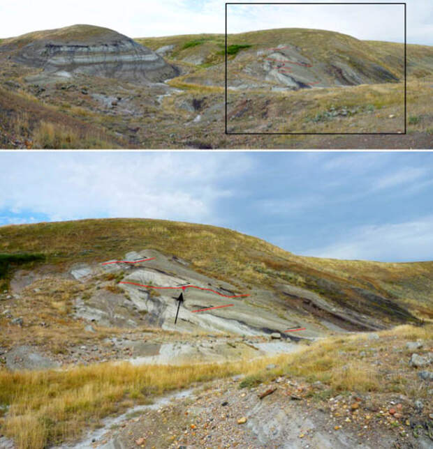 Outcrop photographs from the Bow City crater: top - panoramic view; bottom - a close-up showing thrust faults, outlined in red; geologist kneeling on outcrop, black arrow, for scale. Image credit: Paul Glombick et al.
