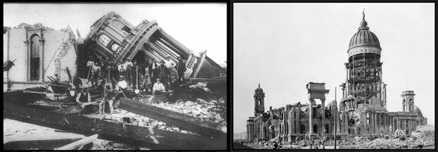 Справа фотография мэрии Сан-Франциско после великого землетрясения 1906. Слева, тоже, кто-то упал.