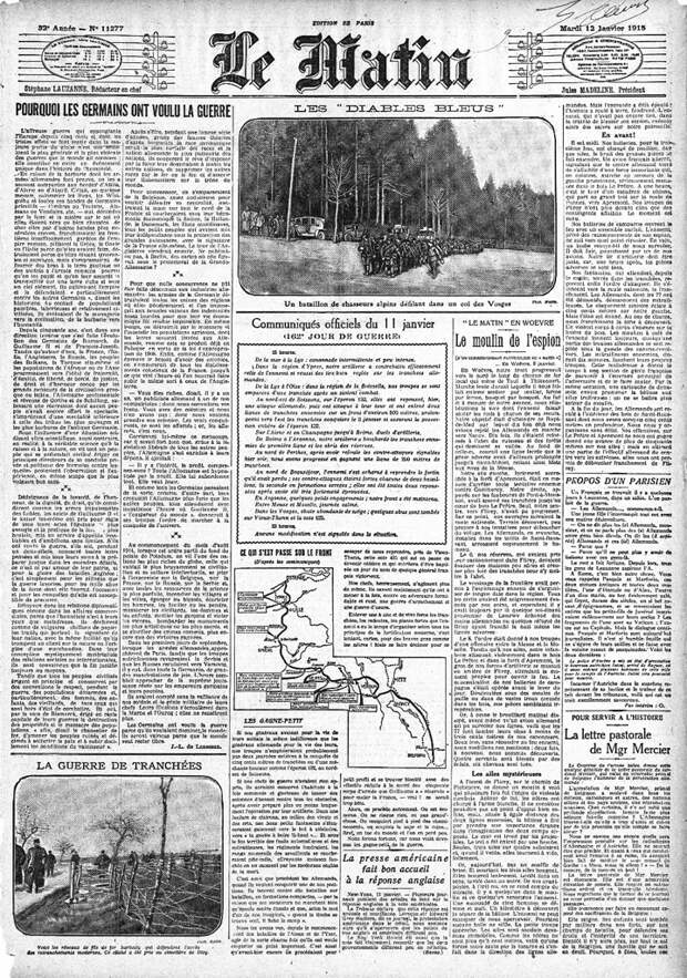 Газета Le Matin от 12 января 1915 года.
