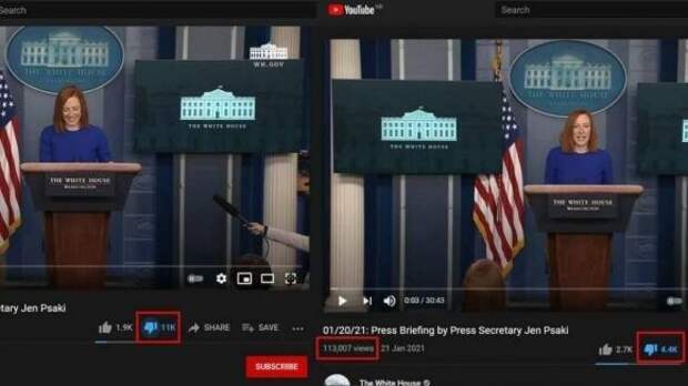 YouTube скручивает дизлайки с видео выступлений сторонников Байдена