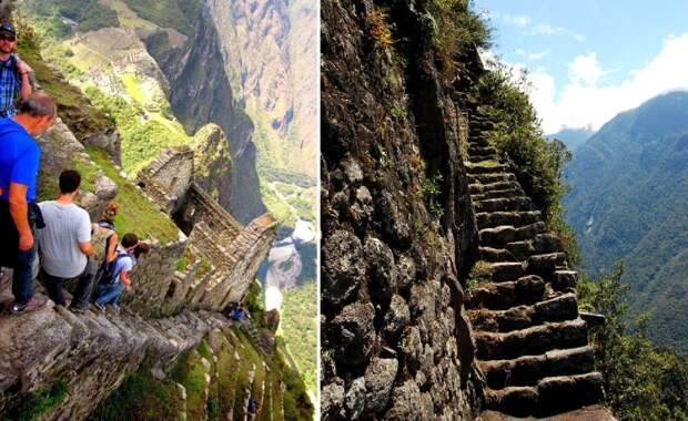 Вершина горы Уайна-Пикчу знаменита своими «лестницами смерти» (Inca Trail staircase, Перу).