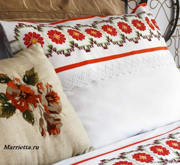Красивая цветочная вышивка для постельного белья. Схема (6) (681x626, 264Kb)