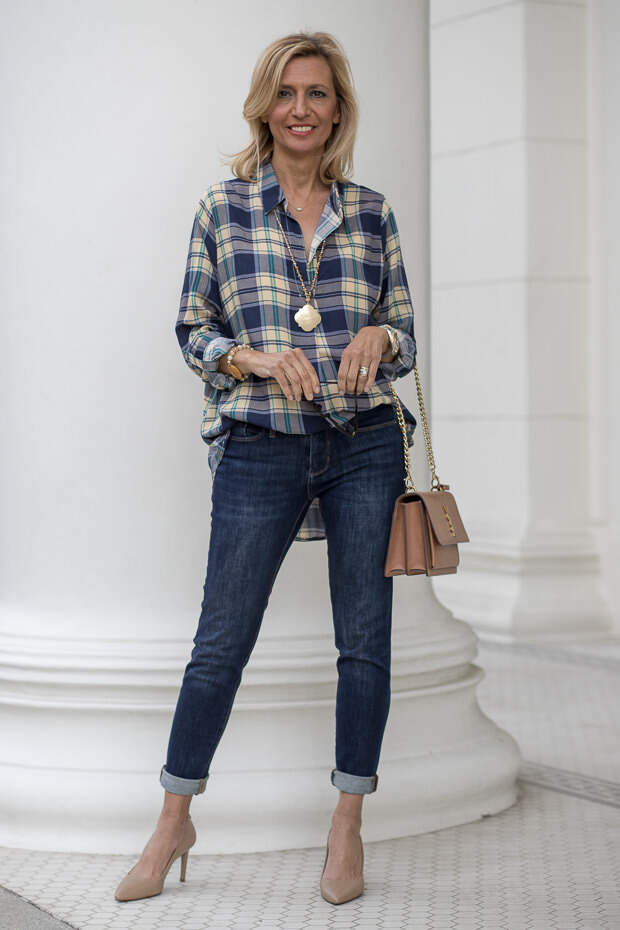 Blue and Tan Plaid Shirt For Women 