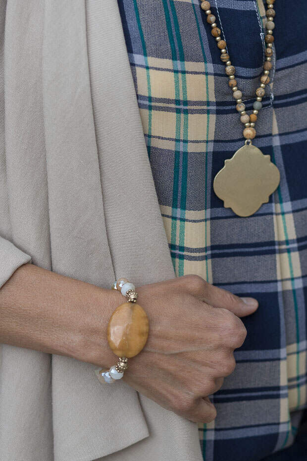 Blue and Tan Plaid Shirt For Women Gold Tone Pendant Necklace