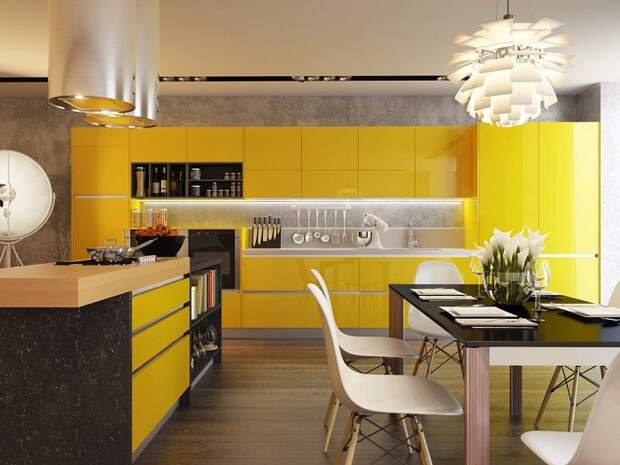 Невероятно потрясающее решение оформить интерьер кухни в ярко-желтых тонах, что точно понравится и создаст невероятное настроение.
