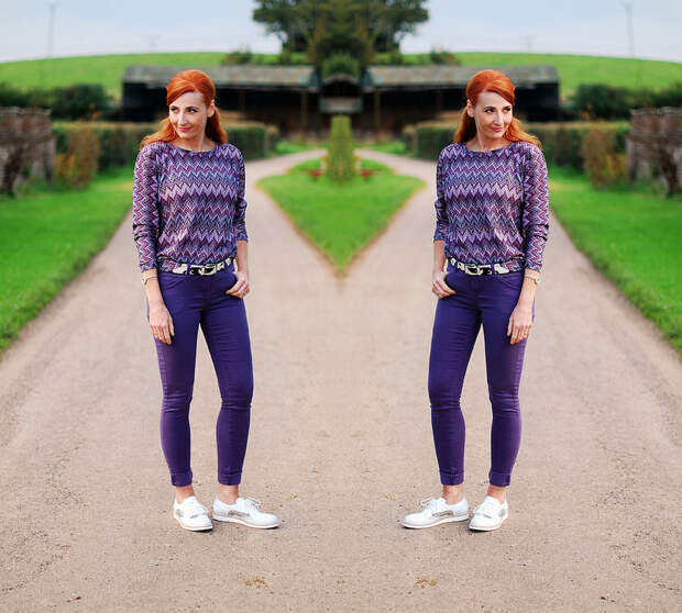 Purple skinnies and top with silver and white brogues - over 40 fashion