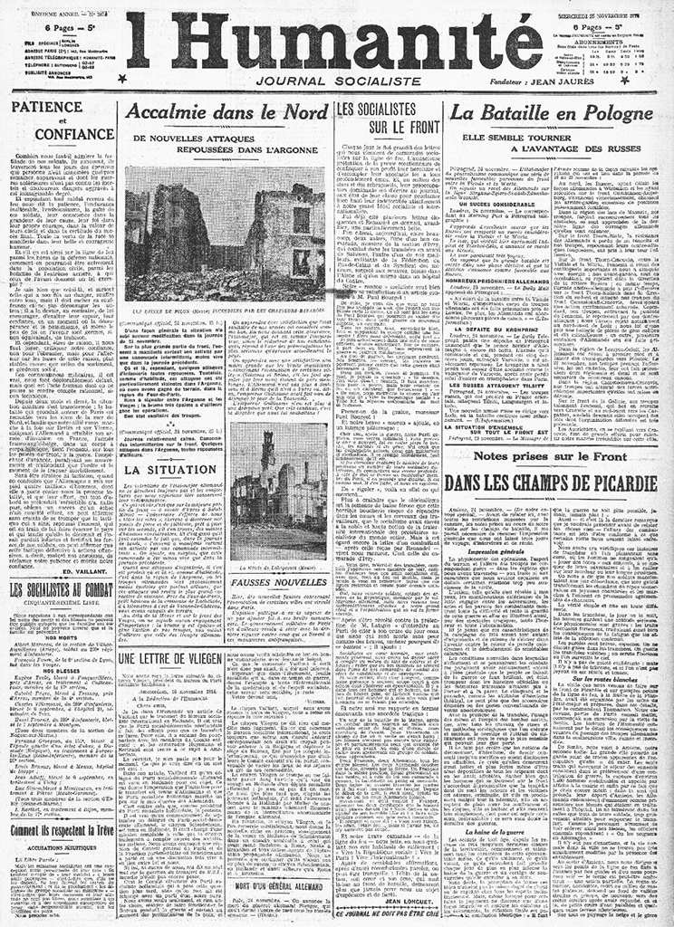 Газета L'Humanite от  25 ноября 1914 года