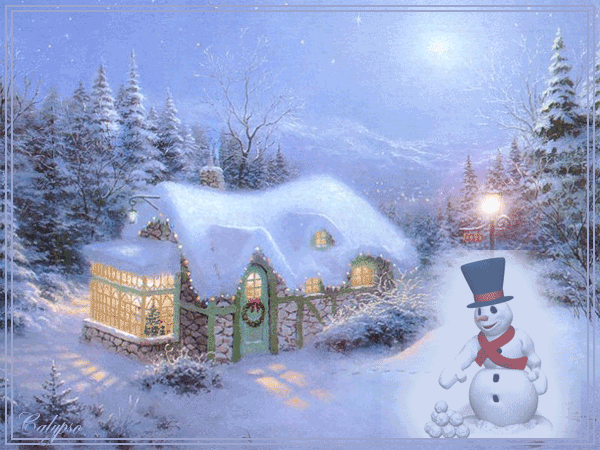 Замечательная открытка зима В доме горит свет, веселый снеговик кидается снежинками